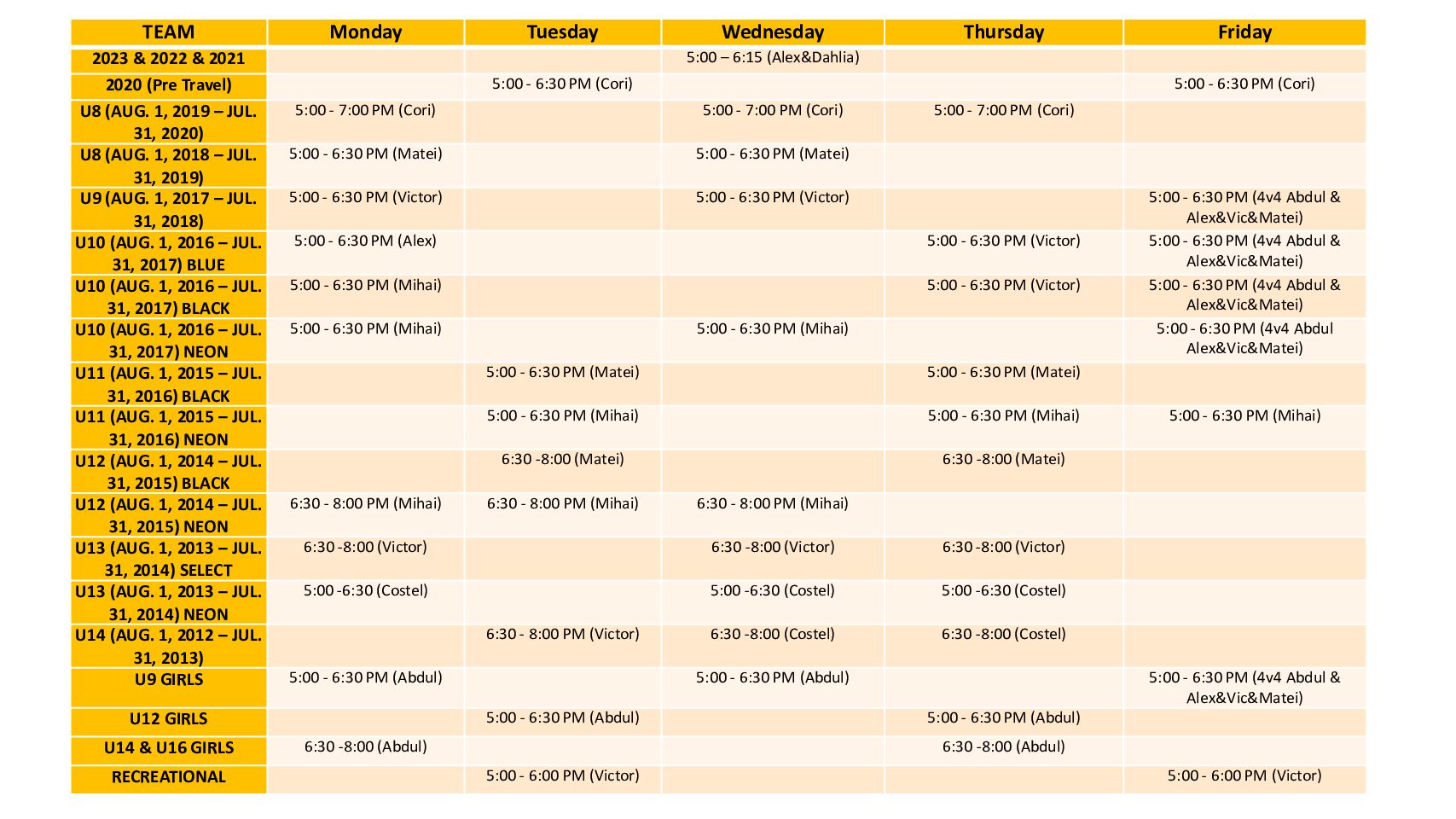 Fall 2026 Training Schedule Fall 2026 Training Schedule